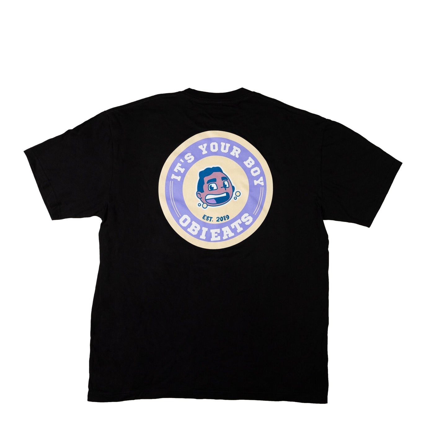 Black t-shirt with a circular obieats its your boy logo on a white background