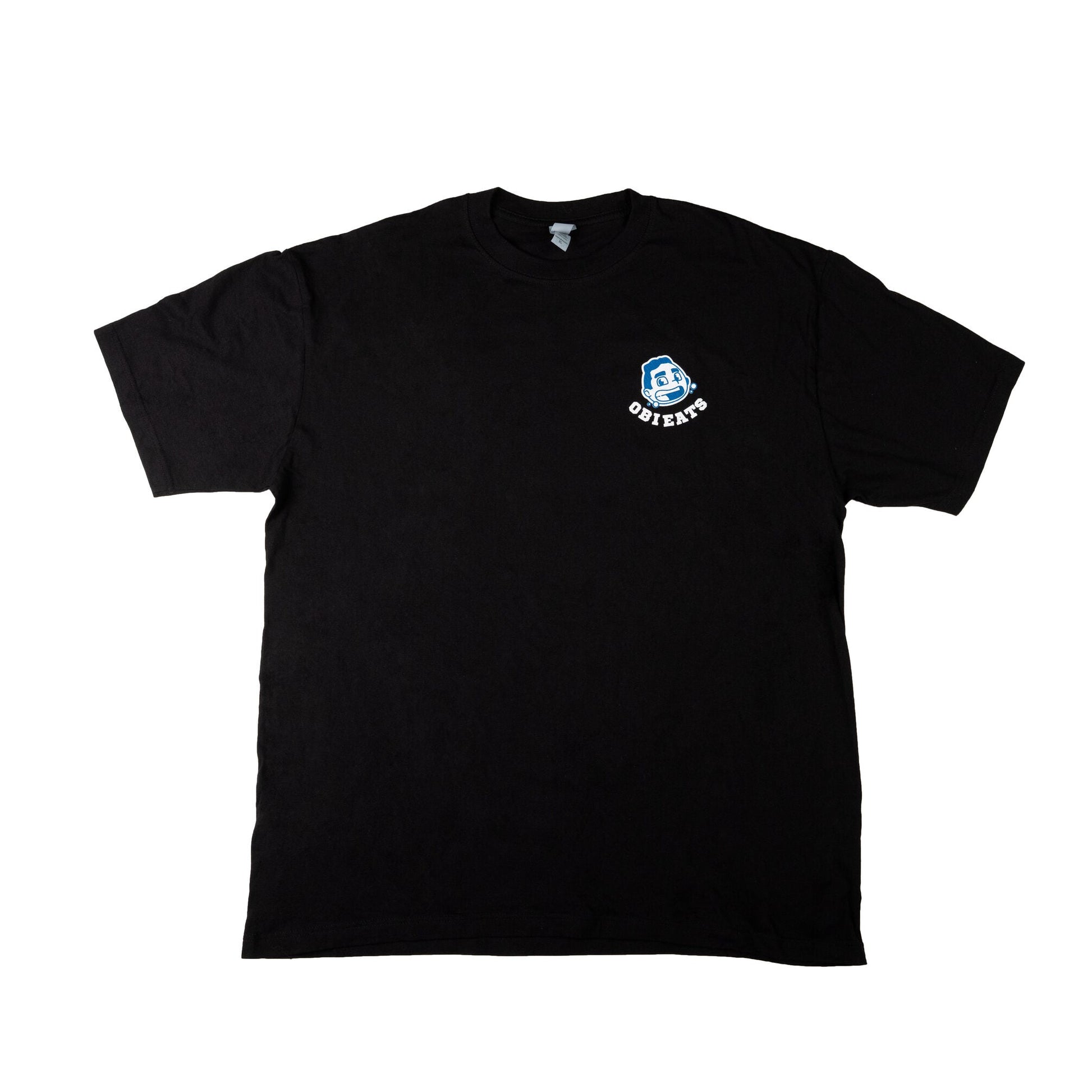 Black t-shirt with a blue obieats logo on a white background